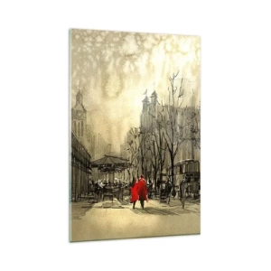 Impression sur verre - Image sur verre - Une figure rouge dans un décor urbain nostalgique - 80x120cm - Rendez-vous dans le brouillard de Londres - Décoration murale moderne pour le salon et la chambre ARTTOR