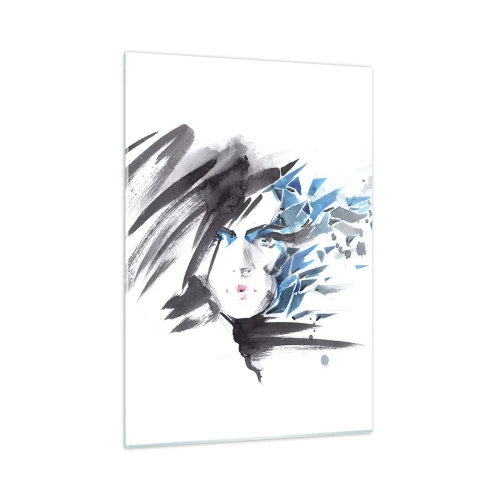 Impression sur verre - Image sur verre - Portrait d'une femme aux accents bleus abstraits - 50x70cm - Portrait sensuel en gris et bleu - Décoration murale moderne pour le salon et la chambre ARTTOR