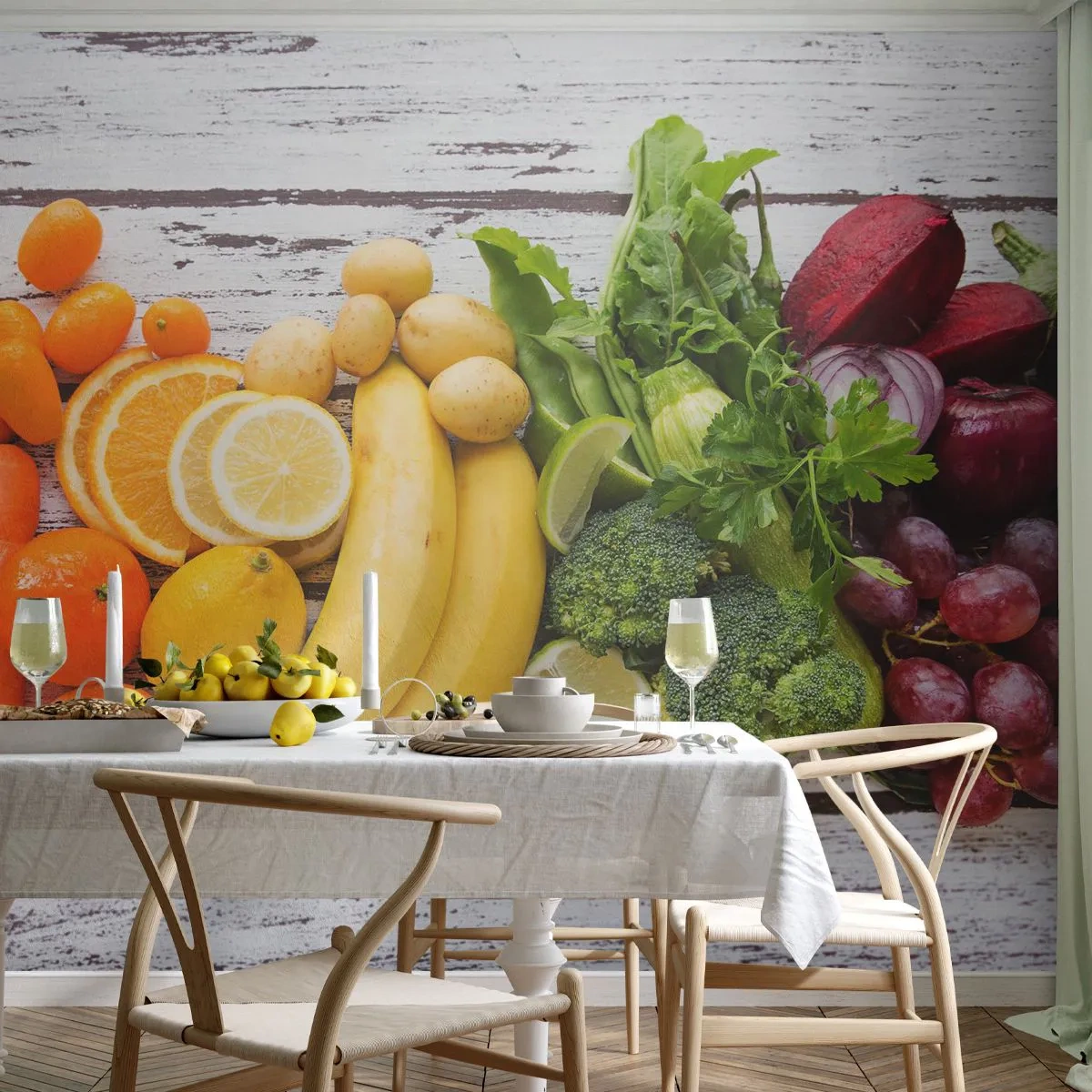Papier Peint Photo Premium Sand - Une composition colorée de fruits et légumes sur un fond en bois - 100x70cm - Ce n'est pas suffisant? - Décoration murale moderne pour le salon et la chambre ARTTOR