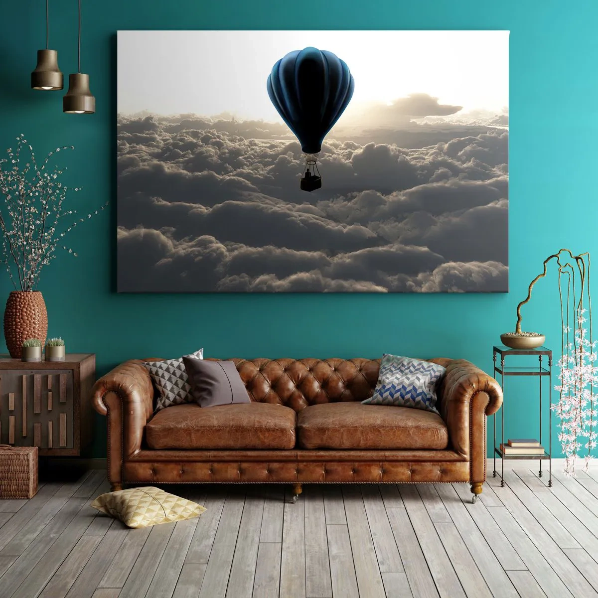 Impression sur toile - Image sur toile - Une montgolfière contre un ciel nuageux au coucher du soleil - 100x70cm - Un vagabond au dessus des nuages - Décoration murale moderne pour le salon et la chambre ARTTOR