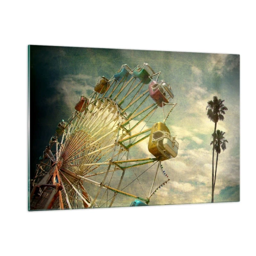 Impression sur verre - Image sur verre - Une grande roue contre le ciel et des palmiers dans un style rétro - 120x80cm - On va faire la fête - Décoration murale moderne pour le salon et la chambre ARTTOR
