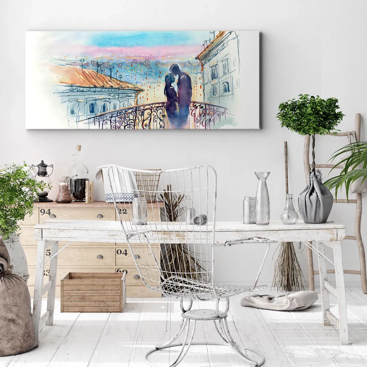 Impression sur toile - Image sur toile - Couple romantique sur un balcon avec vue sur la ville - 160x50cm - Amoureux de Paris - Décoration murale moderne pour le salon et la chambre ARTTOR