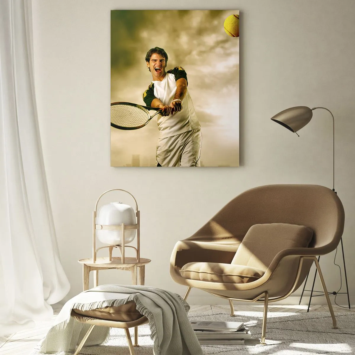 Impression sur verre - Image sur verre - Joueur de tennis en action lors d'un match avec en toile de fond un paysage urbain - 80x120cm - Énergie et joie - Décoration murale moderne pour le salon et la chambre ARTTOR
