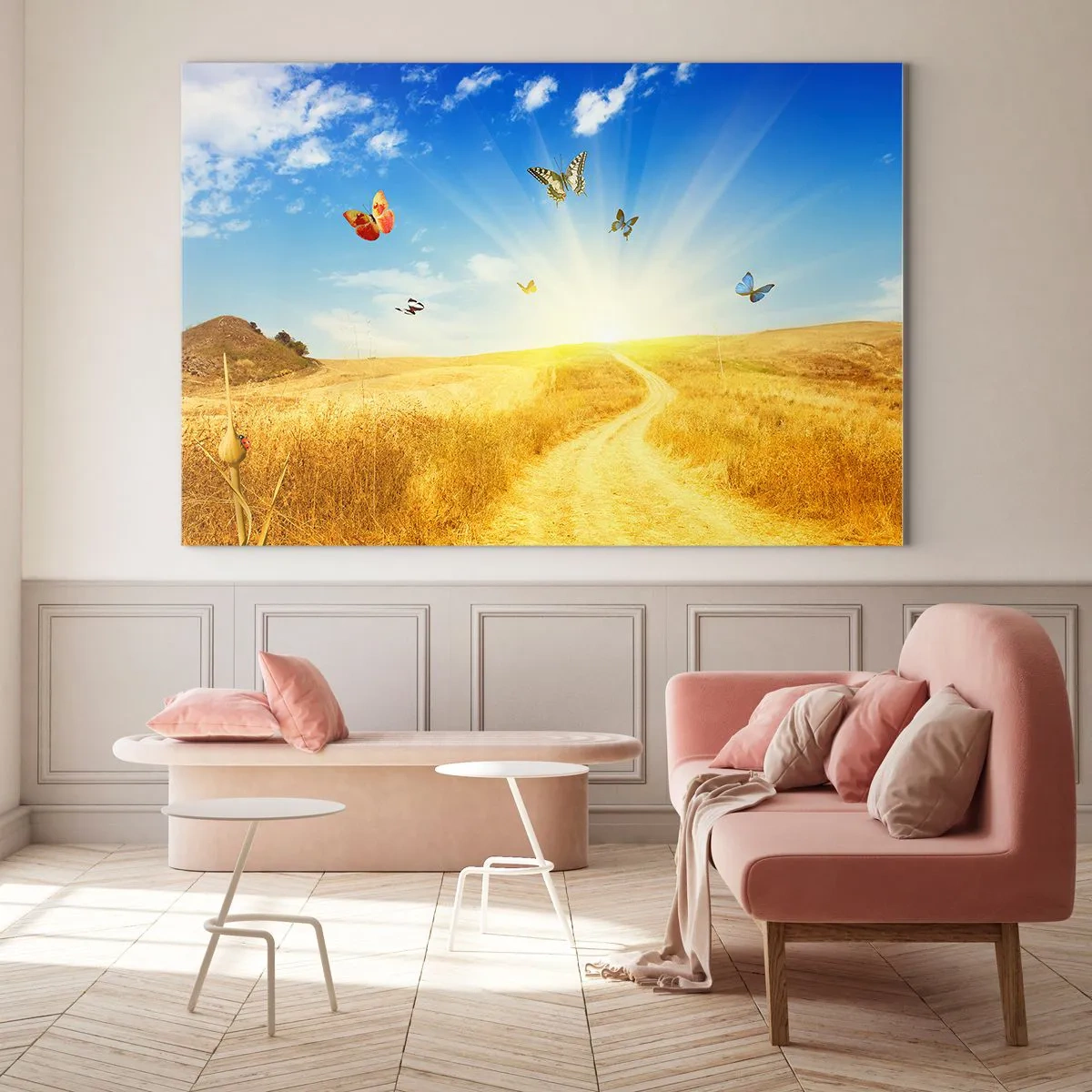 Impression sur verre - Image sur verre - Papillons planant au-dessus d'un chemin de terre au lever du soleil - 120x80cm - Et comment ne pas aimer l'été ? - Décoration murale moderne pour le salon et la chambre ARTTOR