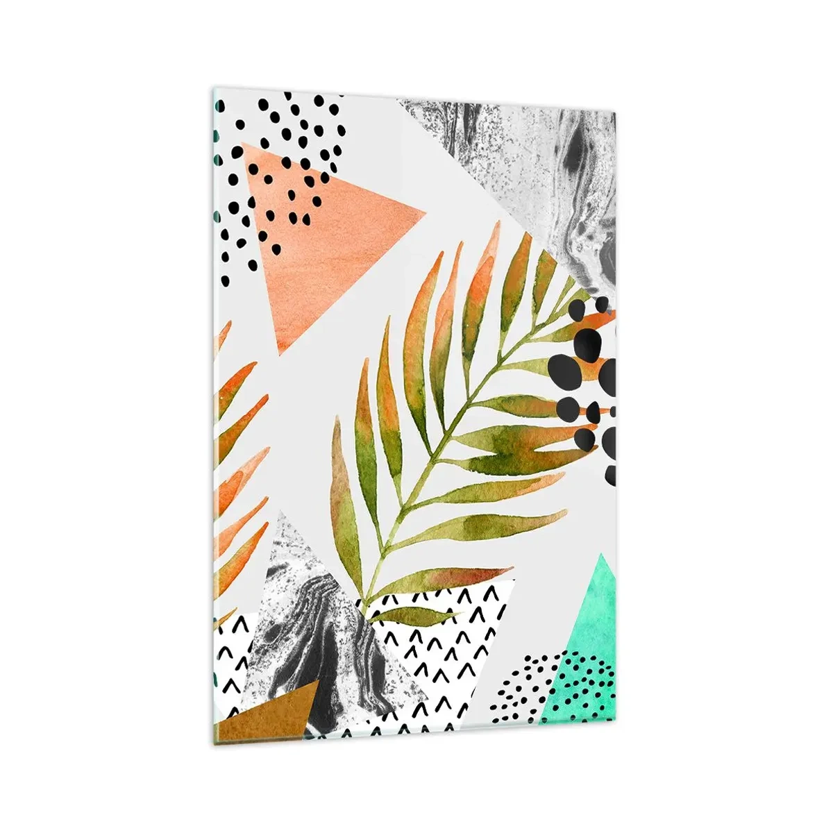 Impression sur verre - Image sur verre - Motif tropical avec des feuilles et des formes géométriques - 80x120cm - Décoration avec feuille de palmier - Décoration murale moderne pour le salon et la chambre ARTTOR