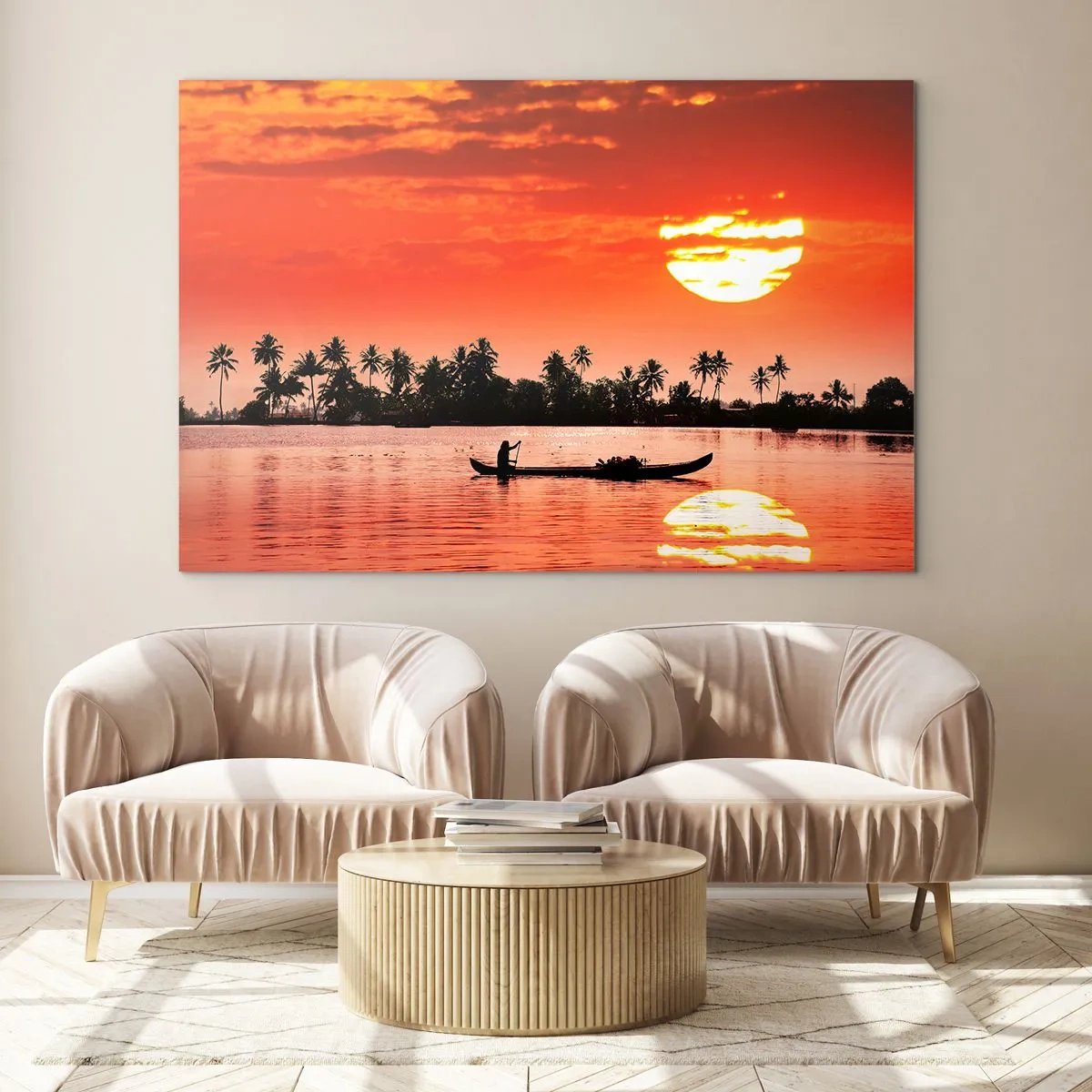 Impression sur verre - Image sur verre - Coucher de soleil sur la rivière avec des palmiers et un bateau - 70x50cm - La tranquillité des tropiques au coucher du soleil - Décoration murale moderne pour le salon et la chambre ARTTOR