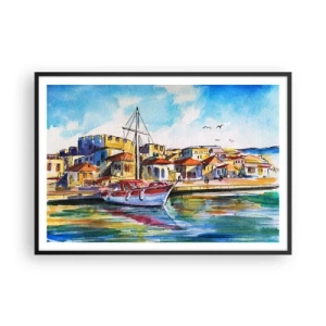 Affiche dans un cadre noir - Poster - Un port pittoresque avec un bateau et des bâtiments colorés - 100x70cm - Après-midi arc-en-ciel - Décoration murale moderne pour le salon et la chambre ARTTOR