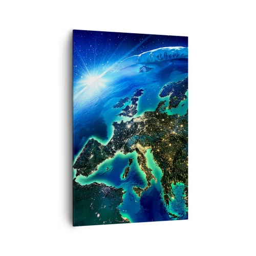 Impression sur toile - Image sur toile - Une vue d'Europe depuis l'espace à la lueur du soleil levant. - 80x120cm - Europe pétillante - Décoration murale moderne pour le salon et la chambre ARTTOR
