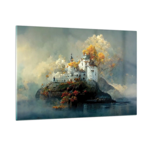 Impression sur verre - Image sur verre - Un château sur un rocher entouré de brouillard et d'arbres d'automne - 120x80cm - Le début d'une histoire romantique - Décoration murale moderne pour le salon et la chambre ARTTOR