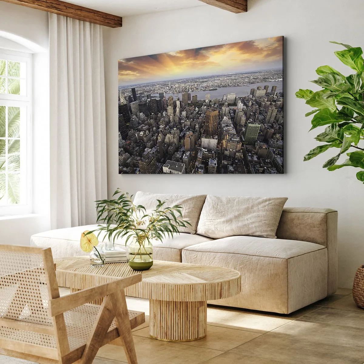 Impression sur toile - Image sur toile - Vue de la métropole avec le soleil couchant - 70x50cm - Le cœur battant de notre époque - Décoration murale moderne pour le salon et la chambre ARTTOR