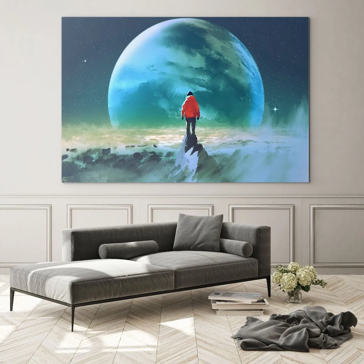 Impression sur verre - Image sur verre - Une silhouette vêtue d'une veste rouge sur fond d'une immense planète et d'étoiles - 100x70cm - Explorateur de la nouvelle terre - Décoration murale moderne pour le salon et la chambre ARTTOR