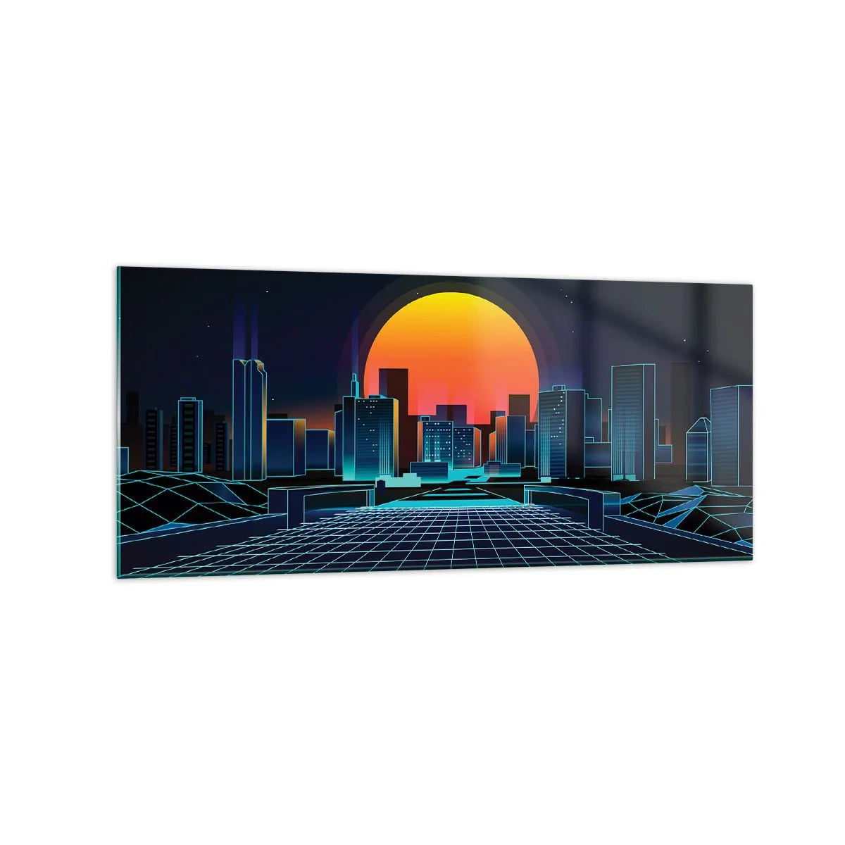 Impression sur verre - Image sur verre - Horizon urbain futuriste de style néon - 120x50cm - Vous voulez toujours passer au réel ? - Décoration murale moderne pour le salon et la chambre ARTTOR