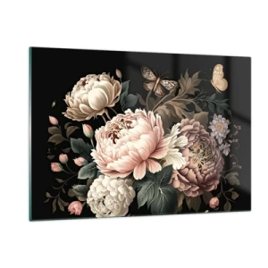 Impression sur verre - Image sur verre - Composition florale avec des papillons sur fond noir - 120x80cm - De style baroque - Décoration murale moderne pour le salon et la chambre ARTTOR