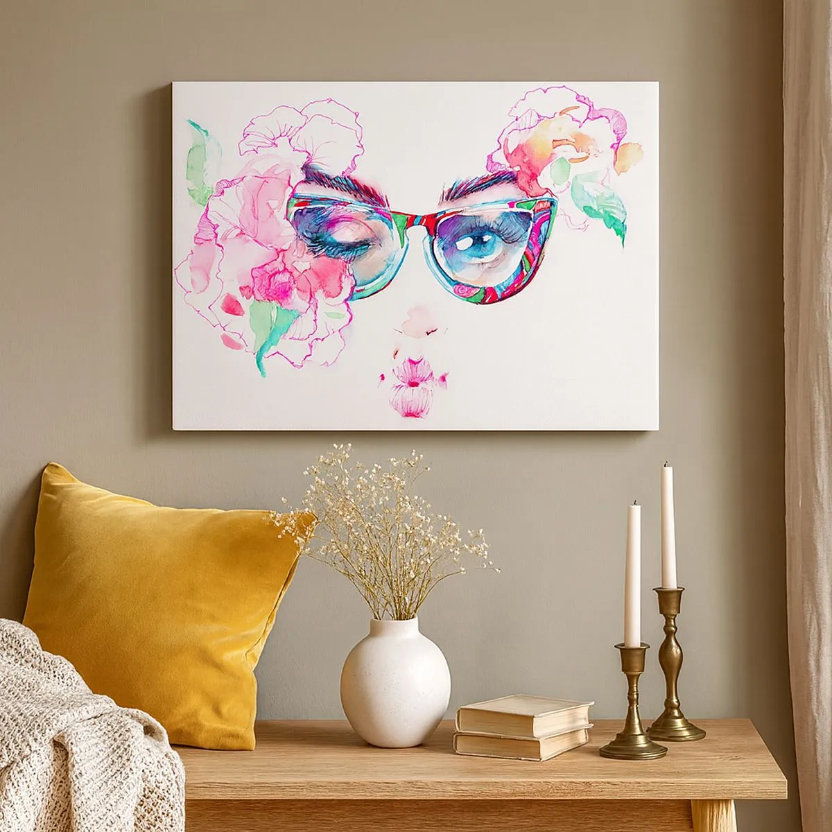 Impression sur toile - Image sur toile - Visage aquarelle avec des lunettes colorées et des fleurs - 70x50cm - Une promesse tentante - Décoration murale moderne pour le salon et la chambre ARTTOR