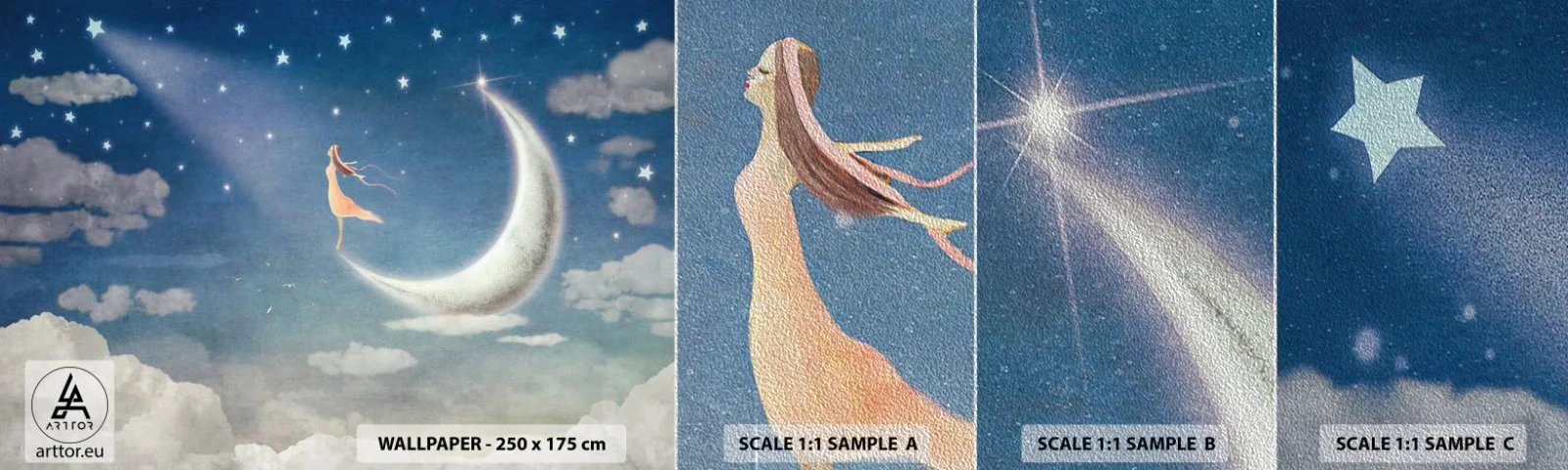 Échantillon de Papier Peint Premium Sand - Valise bleue - Abstraction, Pour les enfants, Lune - 100x30 cm