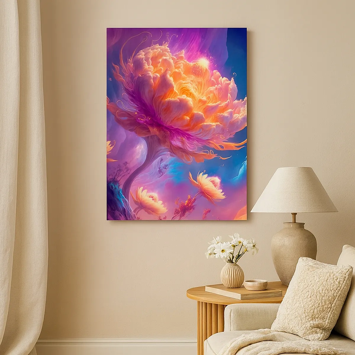 Impression sur toile - Image sur toile - Fleurs fantastiques dans un paysage cosmique - 50x70cm - Un autre monde - Décoration murale moderne pour le salon et la chambre ARTTOR