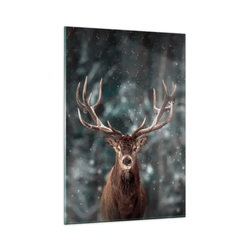 Impression sur verre - Image sur verre - Cerf dans une forêt d'hiver avec de la neige qui tombe - 80x120cm - Roi de la forêt couronné - Décoration murale moderne pour le salon et la chambre ARTTOR