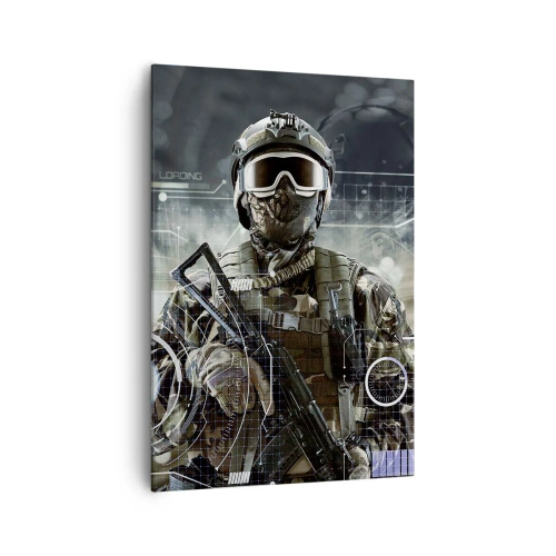 Impression sur toile - Image sur toile - Un soldat portant un casque futuriste avec une arme à feu en arrière-plan de la technologie. - 70x100cm - Puissance sans limite - Décoration murale moderne pour le salon et la chambre ARTTOR