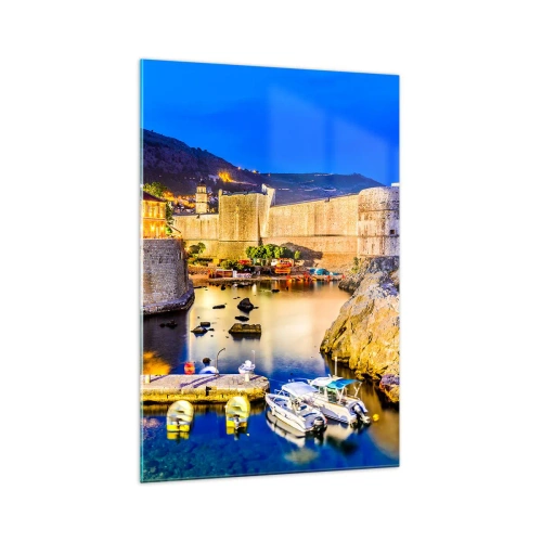 Impression sur verre - Image sur verre - Un port pittoresque la nuit avec des bâtiments illuminés - 70x100cm - Nuit illuminée sur l'Adriatique - Décoration murale moderne pour le salon et la chambre ARTTOR