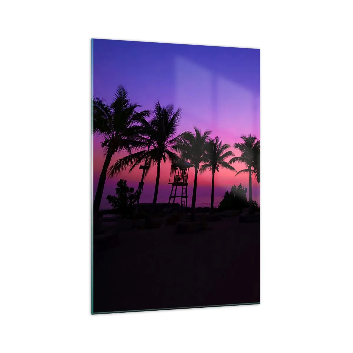 Impression sur verre - Image sur verre - Silhouettes de palmiers sur un ciel de coucher de soleil rose-violet - 70x100cm - Soirée sous les palmiers - Décoration murale moderne pour le salon et la chambre ARTTOR