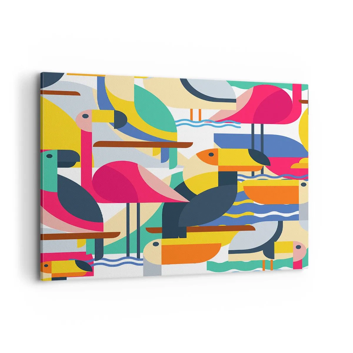 Impression sur toile - Image sur toile - Oiseaux colorés dans une composition abstraite et géométrique - 100x70cm - Fête des oiseaux - Décoration murale moderne pour le salon et la chambre ARTTOR