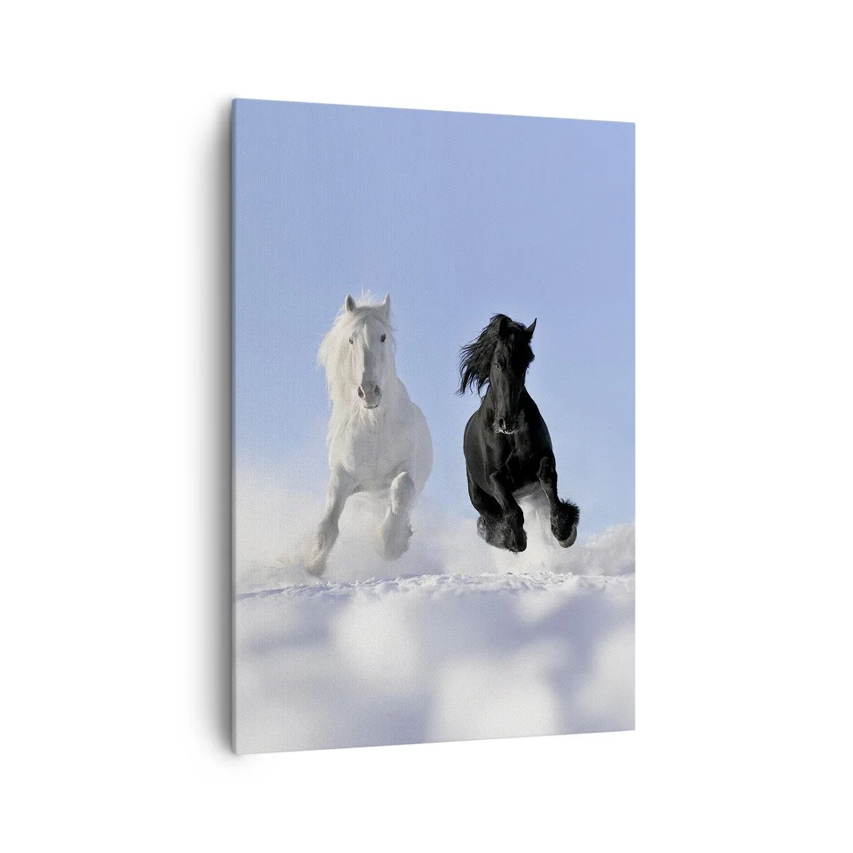 Impression sur toile - Image sur toile - Un cheval blanc et un cheval noir galopant dans la neige - 70x100cm - Galop noir et blanc - Décoration murale moderne pour le salon et la chambre ARTTOR