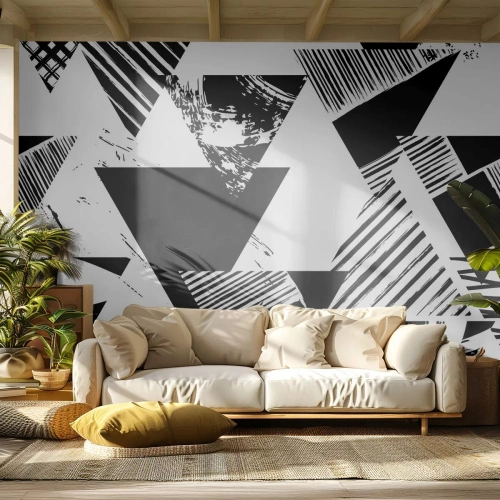 Papier Peint Photo Standard Eco - Pluie de triangles - Abstraction, Graphique, Noir et blanc - 300x210 cm