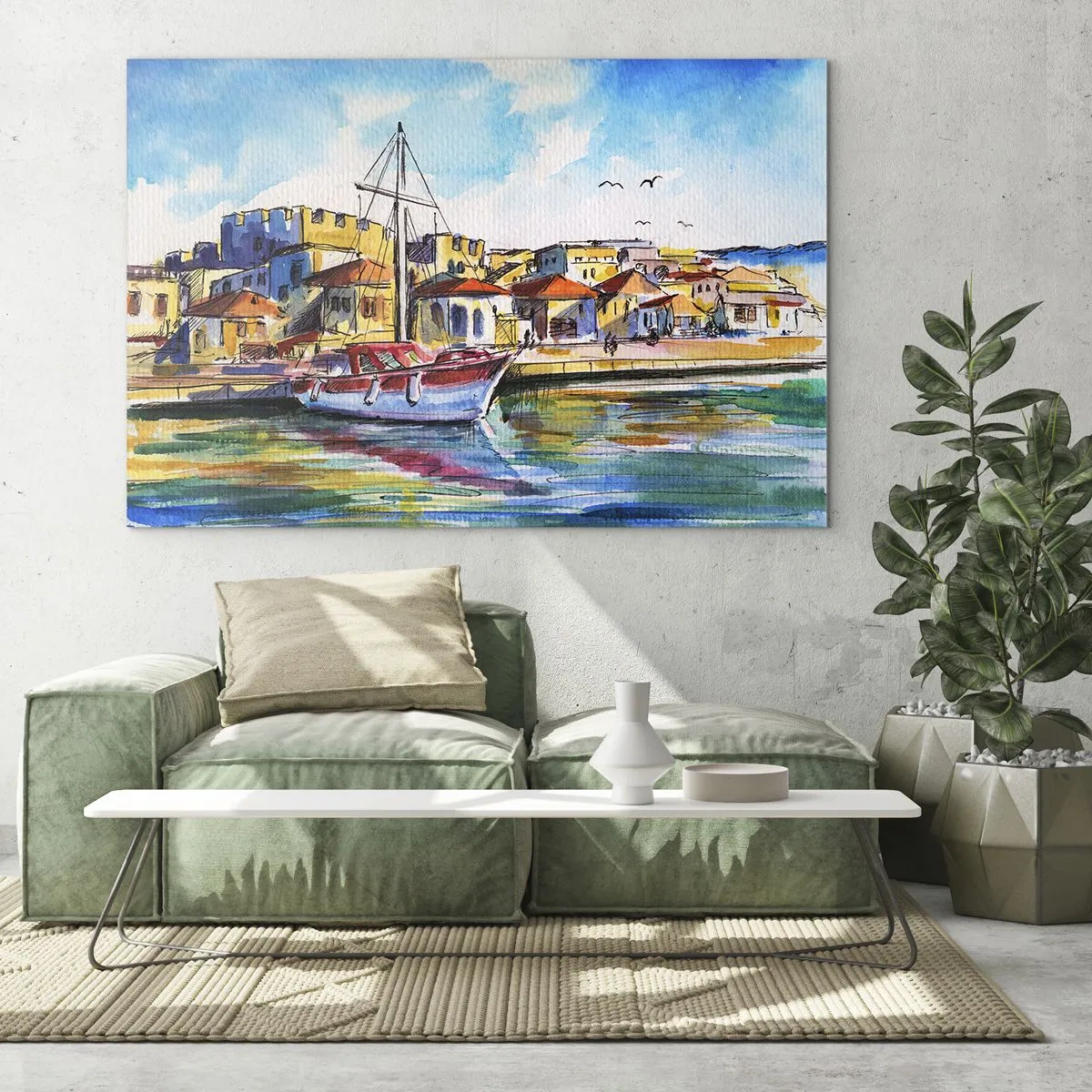 Impression sur verre - Image sur verre - Une marina colorée avec un voilier et une architecture méditerranéenne - 120x80cm - Après-midi arc-en-ciel - Décoration murale moderne pour le salon et la chambre ARTTOR