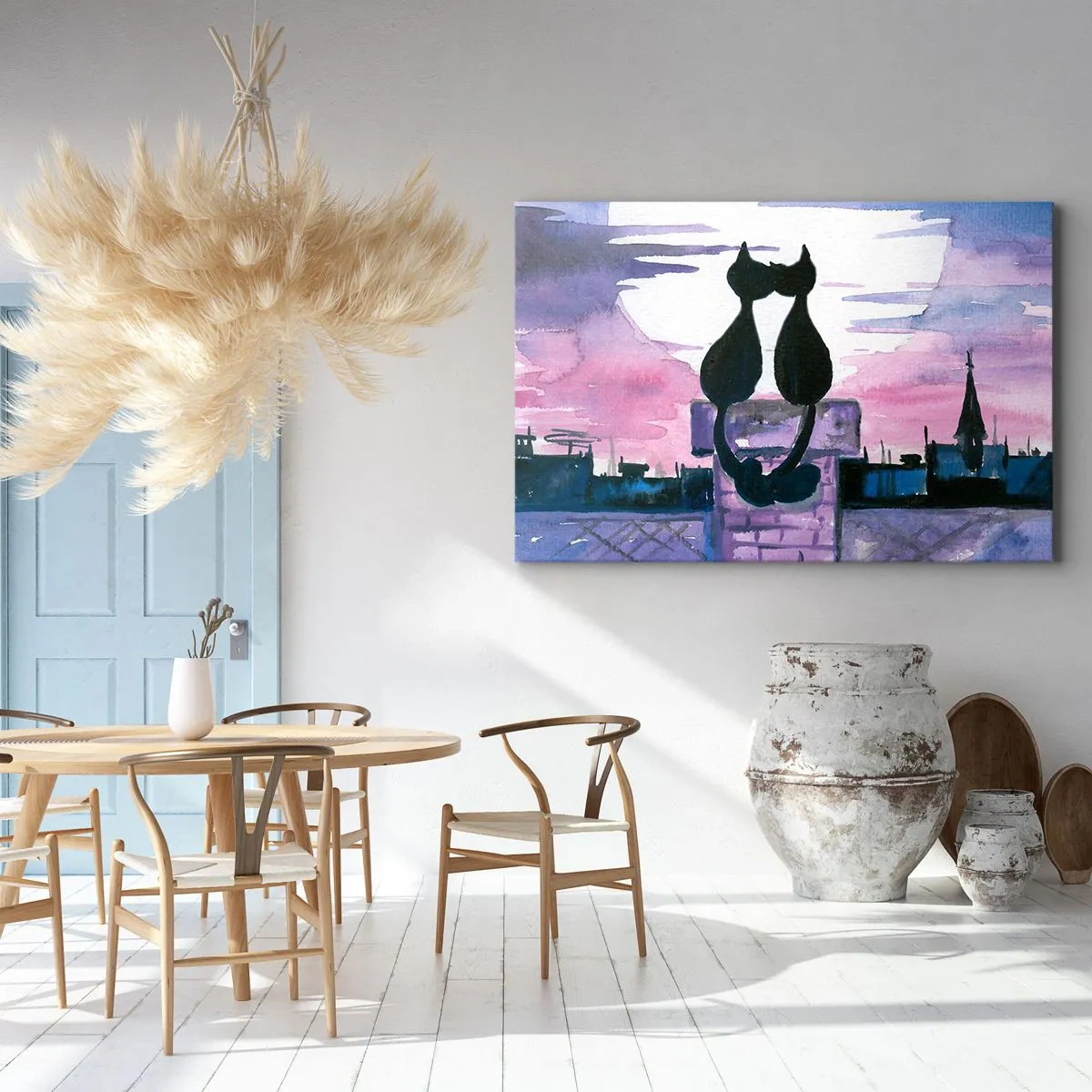 Impression sur toile - Image sur toile - Chats noirs sur un toit au clair de lune dans un décor aquarelle - 70x50cm - Rendez-vous sous la lune - Décoration murale moderne pour le salon et la chambre ARTTOR