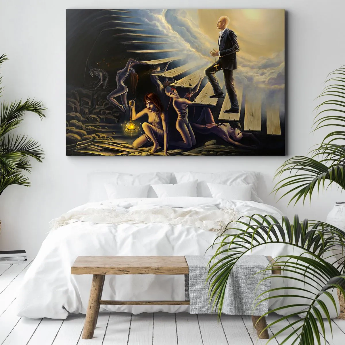 Impression sur toile - Image sur toile - Une scène symbolique du chemin vers la lumière à travers un escalier délabré - 70x50cm - Voyage dantesque vers la lumière - Décoration murale moderne pour le salon et la chambre ARTTOR