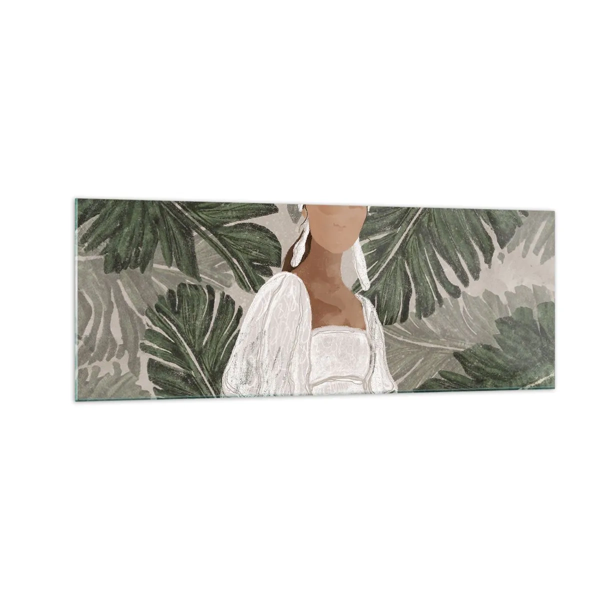 Impression sur verre - Image sur verre - Portrait d'une femme en robe blanche sur fond de feuilles de monstera - 140x50cm - Portrait exotique - Décoration murale moderne pour le salon et la chambre ARTTOR