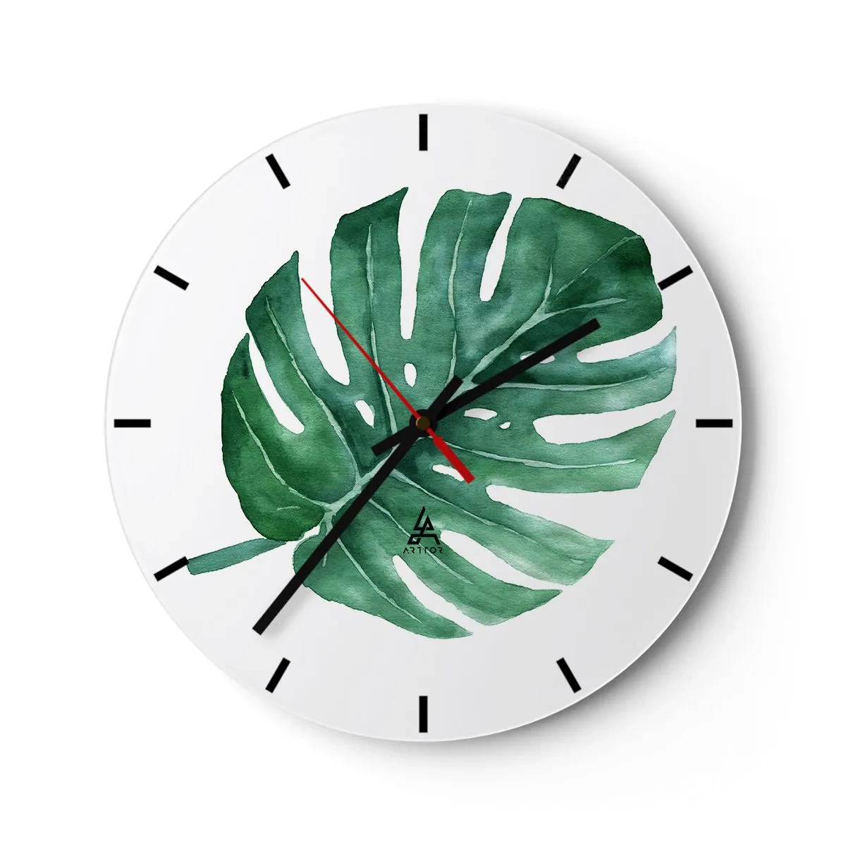Horloge murale - Pendule murale - Illustration à l'aquarelle d'une feuille de monstera - 30x30cm - Concept vert - Décoration murale moderne pour le salon, la cuisine et la chambre ARTTOR