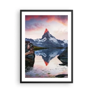 Affiche dans un cadre noir - Poster - Une montagne se reflétant dans un lac au coucher du soleil - 50x70cm - Le coeur des montagnes est chaud - Décoration murale moderne pour le salon et la chambre ARTTOR