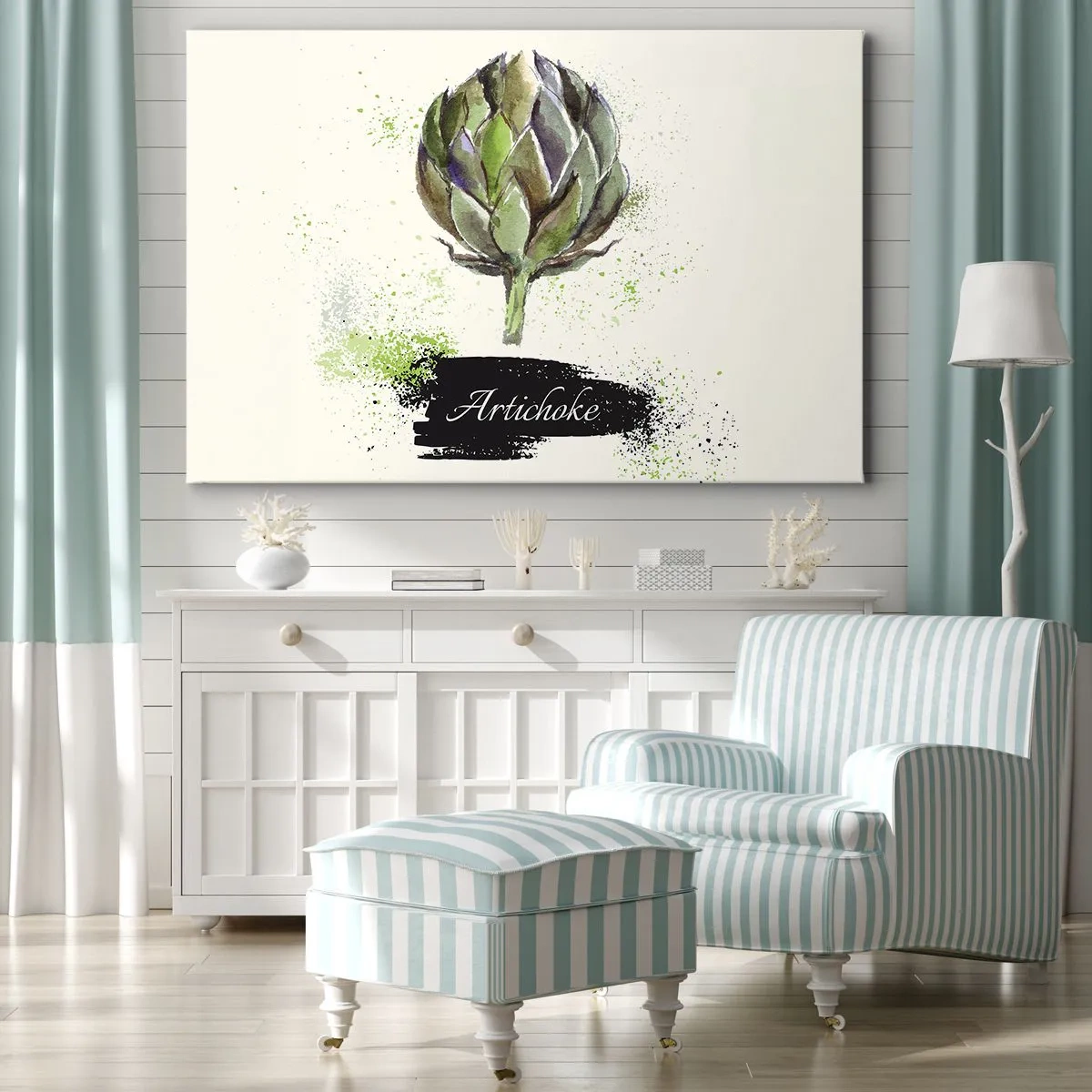 Impression sur toile - Image sur toile - Artichaut à l'aquarelle avec texte sur fond clair aux accents verts - 120x80cm - Vive les légumes! - Décoration murale moderne pour le salon et la chambre ARTTOR