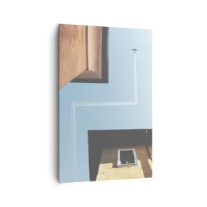 Impression sur toile - Image sur toile - Vue de l'avion et de sa traînée dans le ciel depuis une perspective de rue - 80x120cm - Au-dessus du labyrinthe de la ville - Décoration murale moderne pour le salon et la chambre ARTTOR