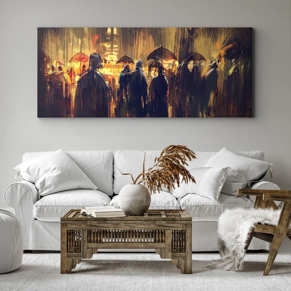 Impression sur toile - Image sur toile - Personnages avec des parapluies dans une ville pluvieuse la nuit - 140x50cm - Adeptes de la pluie - Décoration murale moderne pour le salon et la chambre ARTTOR