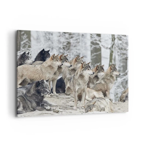 Impression sur toile - Image sur toile - Une meute de loups dans la forêt d'hiver - 100x70cm - Famille et amis - Décoration murale moderne pour le salon et la chambre ARTTOR