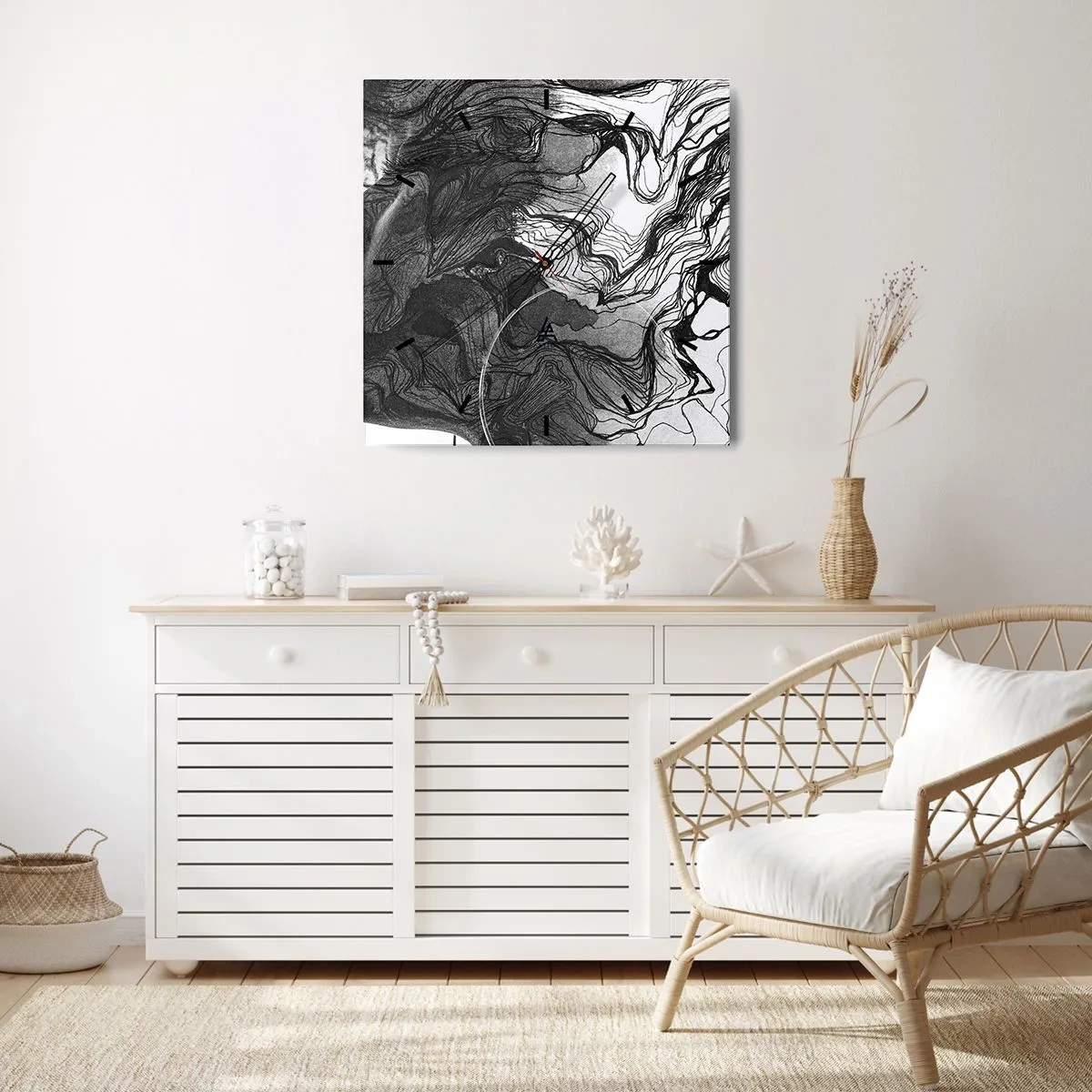 Horloge murale - Pendule murale - Visage abstrait en noir et blanc avec des lignes dynamiques. - 30x30cm - Emmêlé dans les rêves - Décoration murale moderne pour le salon et la chambre ARTTOR