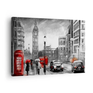 Impression sur toile - Image sur toile - Une scène londonienne en noir et blanc avec des accents rouges - 70x50cm - Pas du tout une ville grise - Décoration murale moderne pour le salon et la chambre ARTTOR