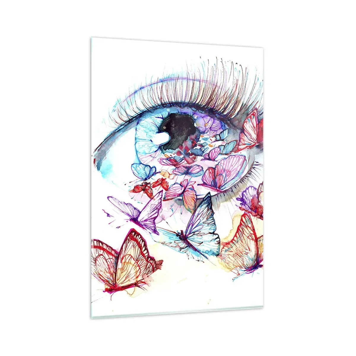 Impression sur verre - Image sur verre - Un œil aquarelle entouré de papillons colorés - 80x120cm - Charme des yeux de conte de fées - Décoration murale moderne pour le salon et la chambre ARTTOR