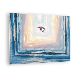 Impression sur verre - Image sur verre - Un homme sautant par-dessus la mer dans un cadre surréaliste - 70x50cm - Vers une autre dimension - Décoration murale moderne pour le salon et la chambre ARTTOR