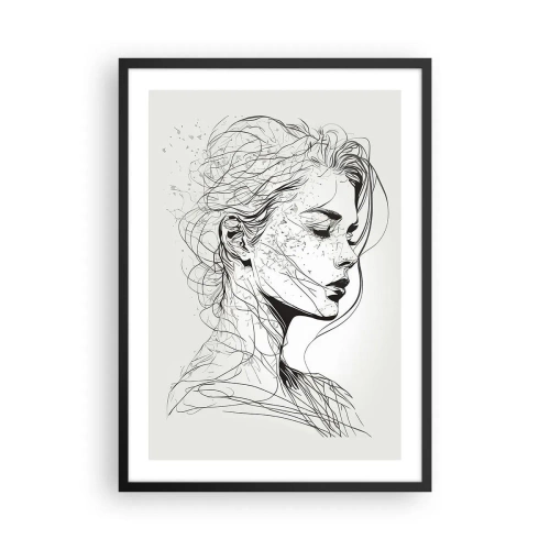 Affiche dans un cadre noir - Poster - Un croquis d'une femme aux cheveux flottants, créé dans un style minimaliste. - 50x70cm - Portrait en pensée - Décoration murale moderne pour le salon et la chambre ARTTOR