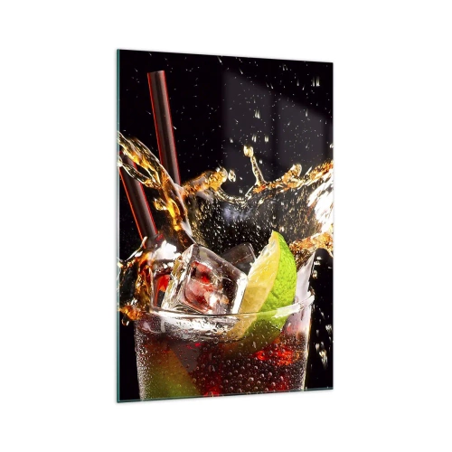 Impression sur verre - Image sur verre - Un verre de boisson, citron vert et glace au moment des éclaboussures dynamiques - 70x100cm - Joie et énergie des couleurs - Décoration murale moderne pour le salon et la chambre ARTTOR