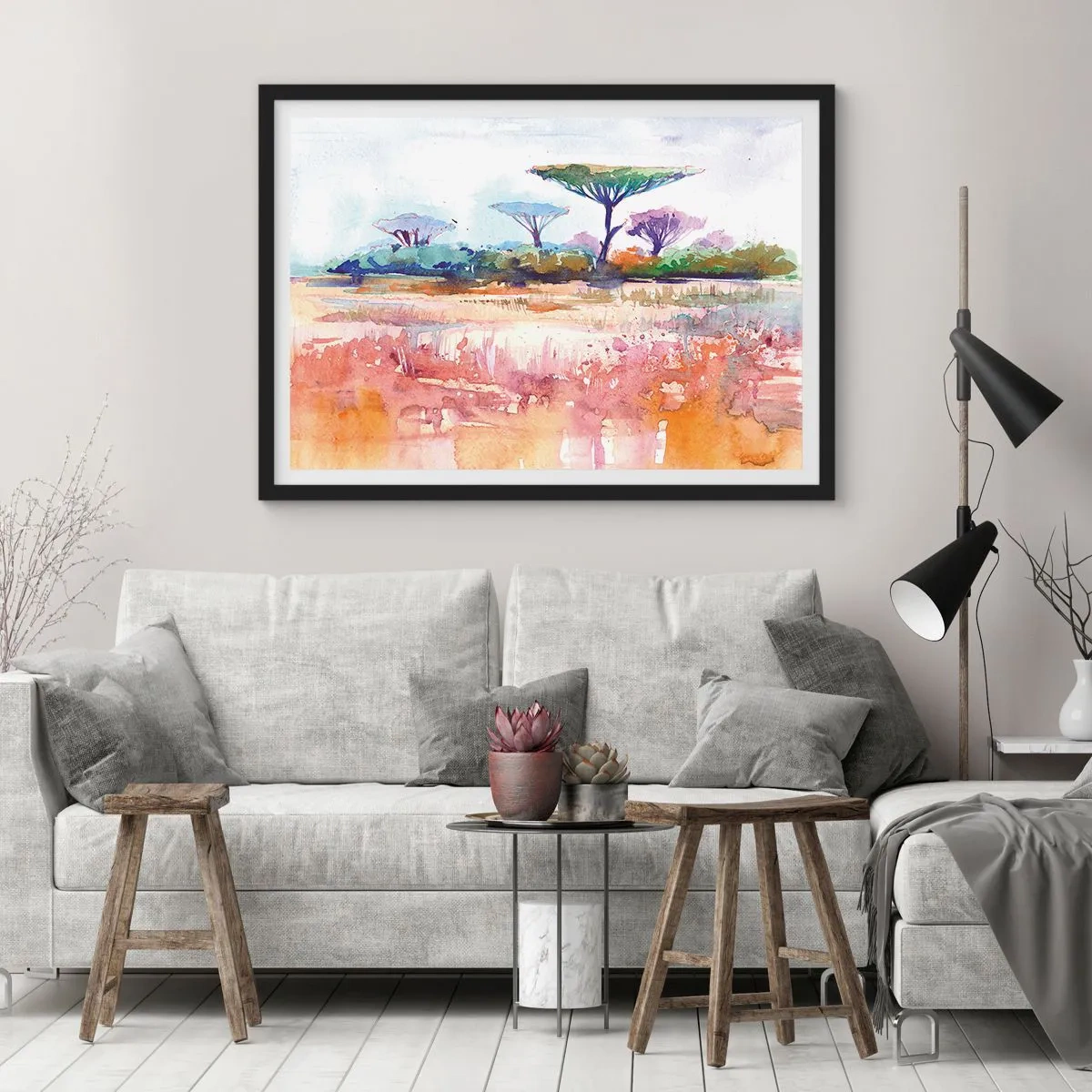Affiche dans un cadre noir - Poster - Un paysage de savane pittoresque aux couleurs aquarelles - 100x70cm - Couleurs de savane - Décoration murale moderne pour le salon et la chambre ARTTOR