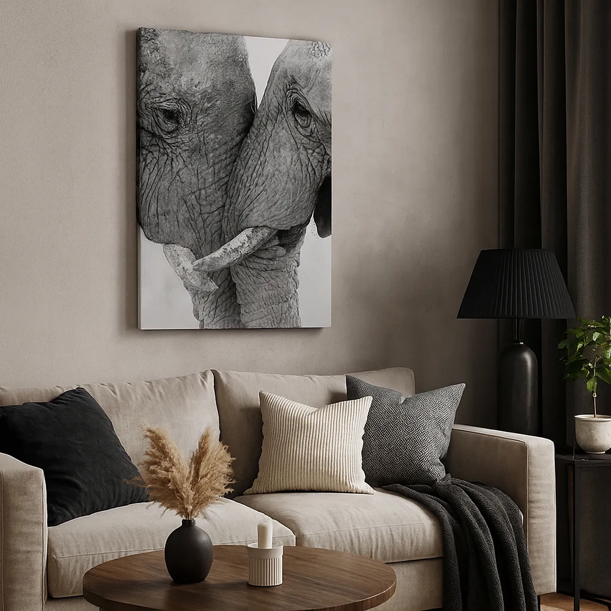 Impression sur toile - Image sur toile - Deux éléphants dans un geste tendre sur un fond monochrome - 50x70cm - Confession sincère - Décoration murale moderne pour le salon et la chambre ARTTOR