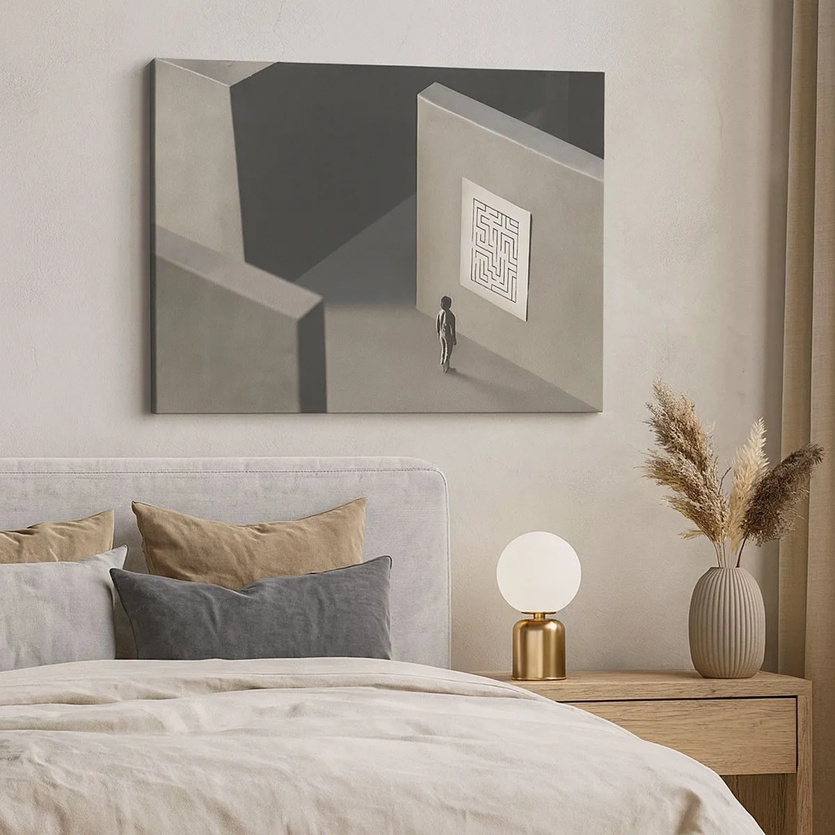 Impression sur toile - Image sur toile - Une figure dans un labyrinthe regardant une carte suspendue - 70x50cm - Mais où suis-je? - Décoration murale moderne pour le salon et la chambre ARTTOR