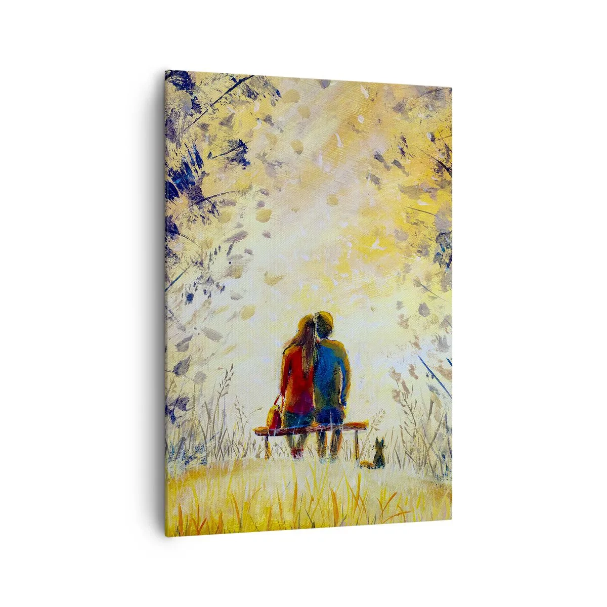 Impression sur toile - Image sur toile - Un couple assis sur un banc parmi les arbres d'automne au soleil - 70x100cm - Moment magique - Décoration murale moderne pour le salon et la chambre ARTTOR