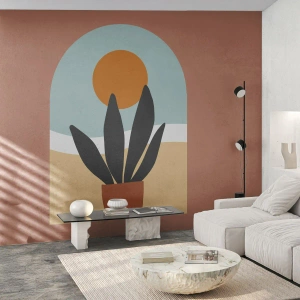 Papier Peint Photo Premium Sand - Graphique minimaliste de plante en pot avec coucher de soleil - 100x70cm - Petits bonheurs - Décoration murale moderne pour le salon et la chambre ARTTOR