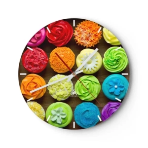 Horloge murale - Pendule murale - Cupcakes colorés sur fond de bois - 30x30cm - Tous différents - tous délicieux - Décoration murale moderne pour le salon, la cuisine et la chambre ARTTOR