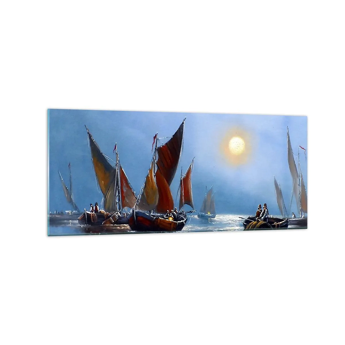 Impression sur verre - Image sur verre - Bateaux à voiles sur une eau calme au coucher du soleil - 120x50cm - Pêche de nuit - Décoration murale moderne pour le salon et la chambre ARTTOR